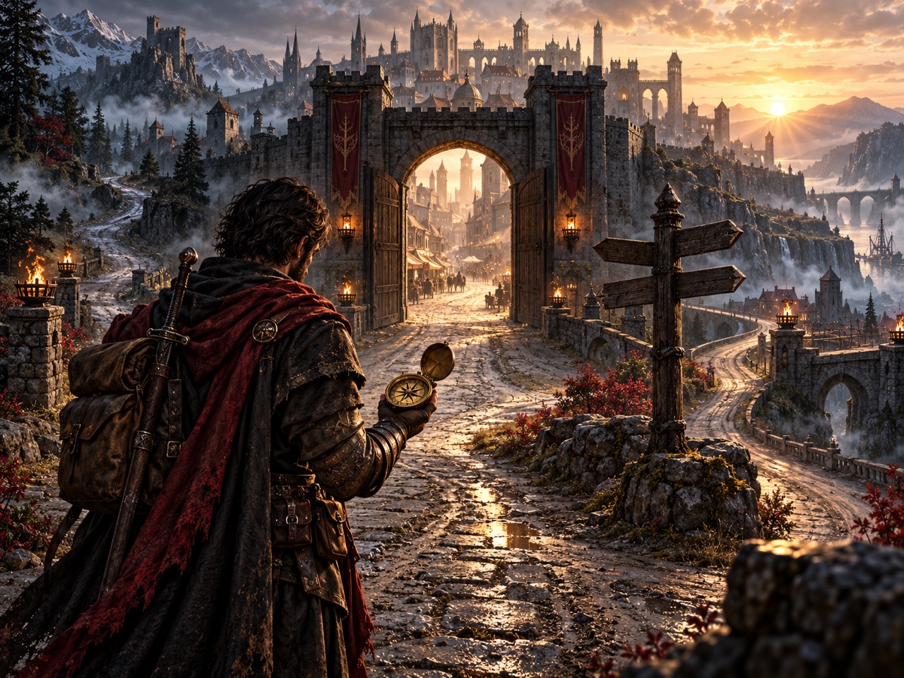 A new adventurer stands at the gates of Thornhaven with a compass and branching roads ahead