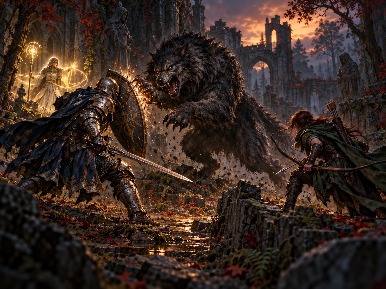 A warrior and ranger coordinate against a huge wolf-like beast while a healer supports them