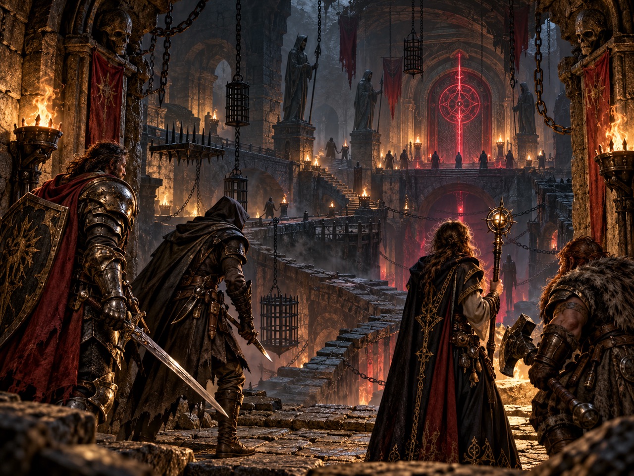 A party of four adventurers enters a vast torchlit dungeon through a red rune portal