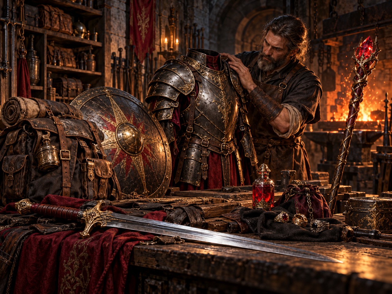 An armorer's workshop displays weapons, armor, packs, potions, and adventuring equipment