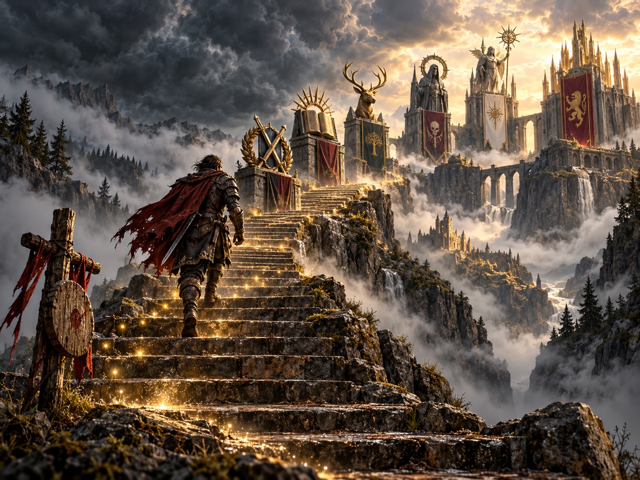An adventurer climbs monumental steps toward distant realm monuments and banners