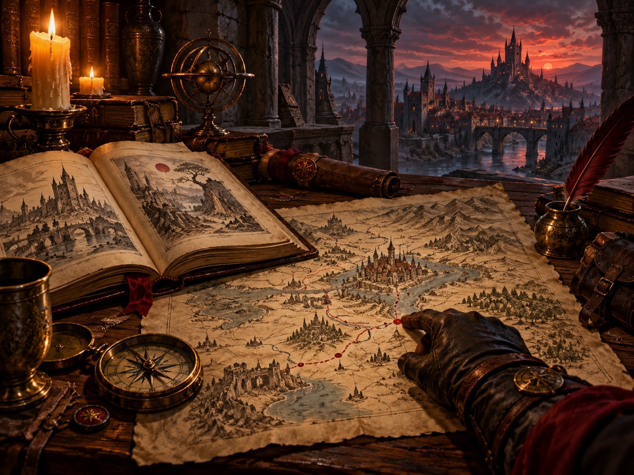 An adventurer studies an open field manual, map, and compass beside a candlelit view of Thornhaven