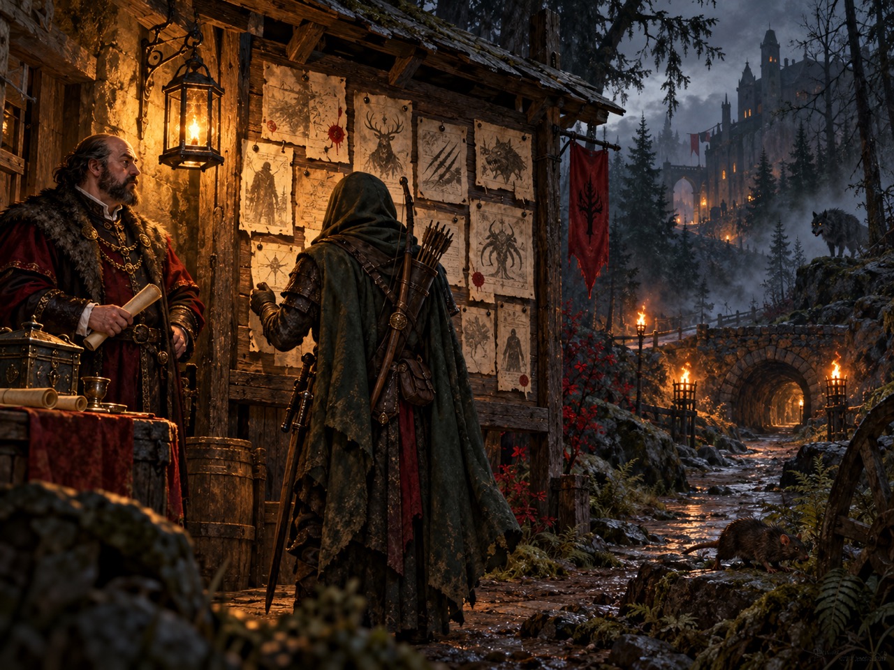 A ranger studies a quest board while dangerous creatures wait beyond the road