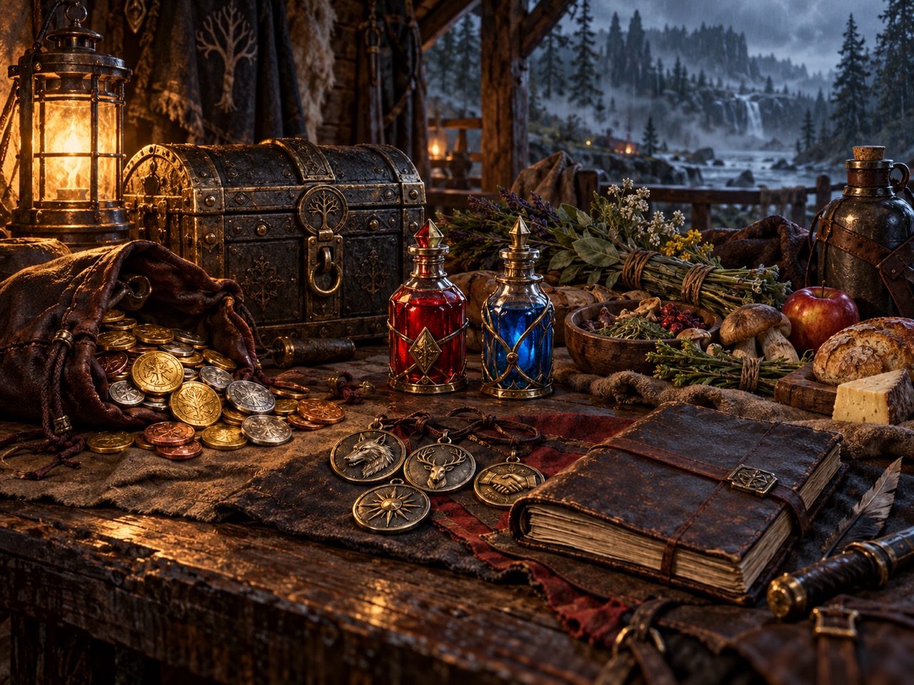 A field supply table holds coins, a strongbox, potions, herbs, provisions, medals, and a ledger