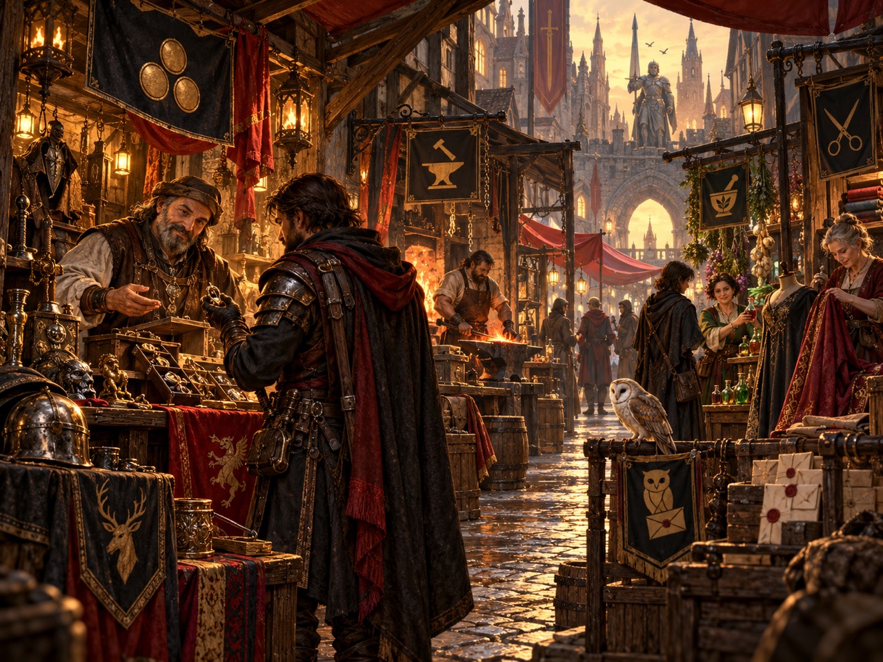 An adventurer trades with merchants in a warm, busy market lane in Thornhaven