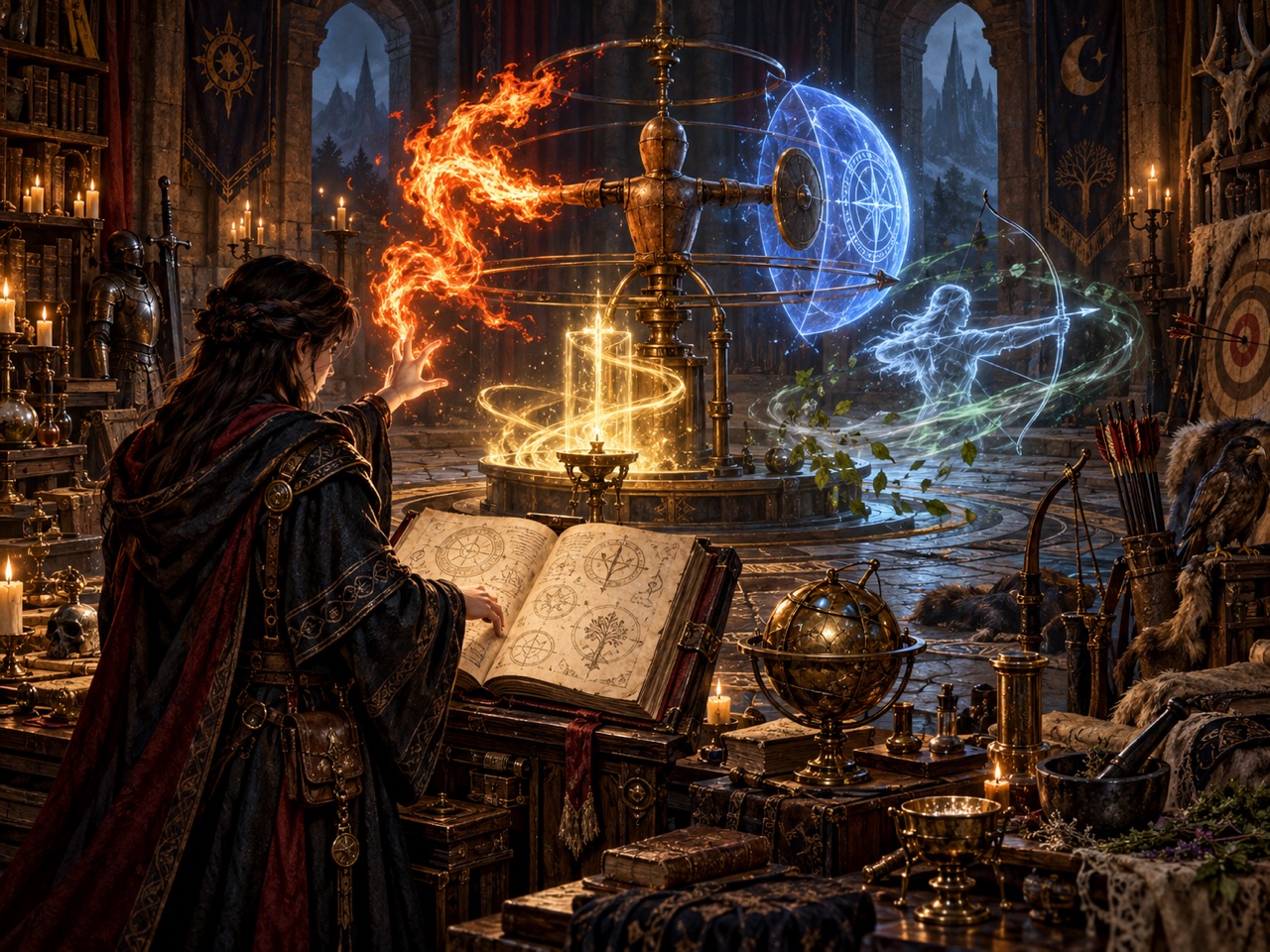 A spellcaster studies a grimoire as controlled magic and a ranger technique form around a training apparatus