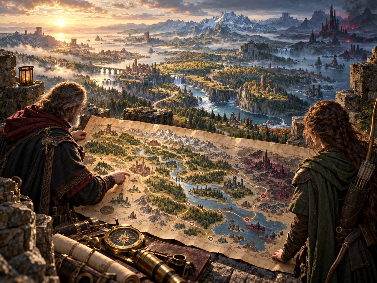 A cartographer and ranger compare a parchment atlas to a vast realm of cities, mountains, rivers, and ruins