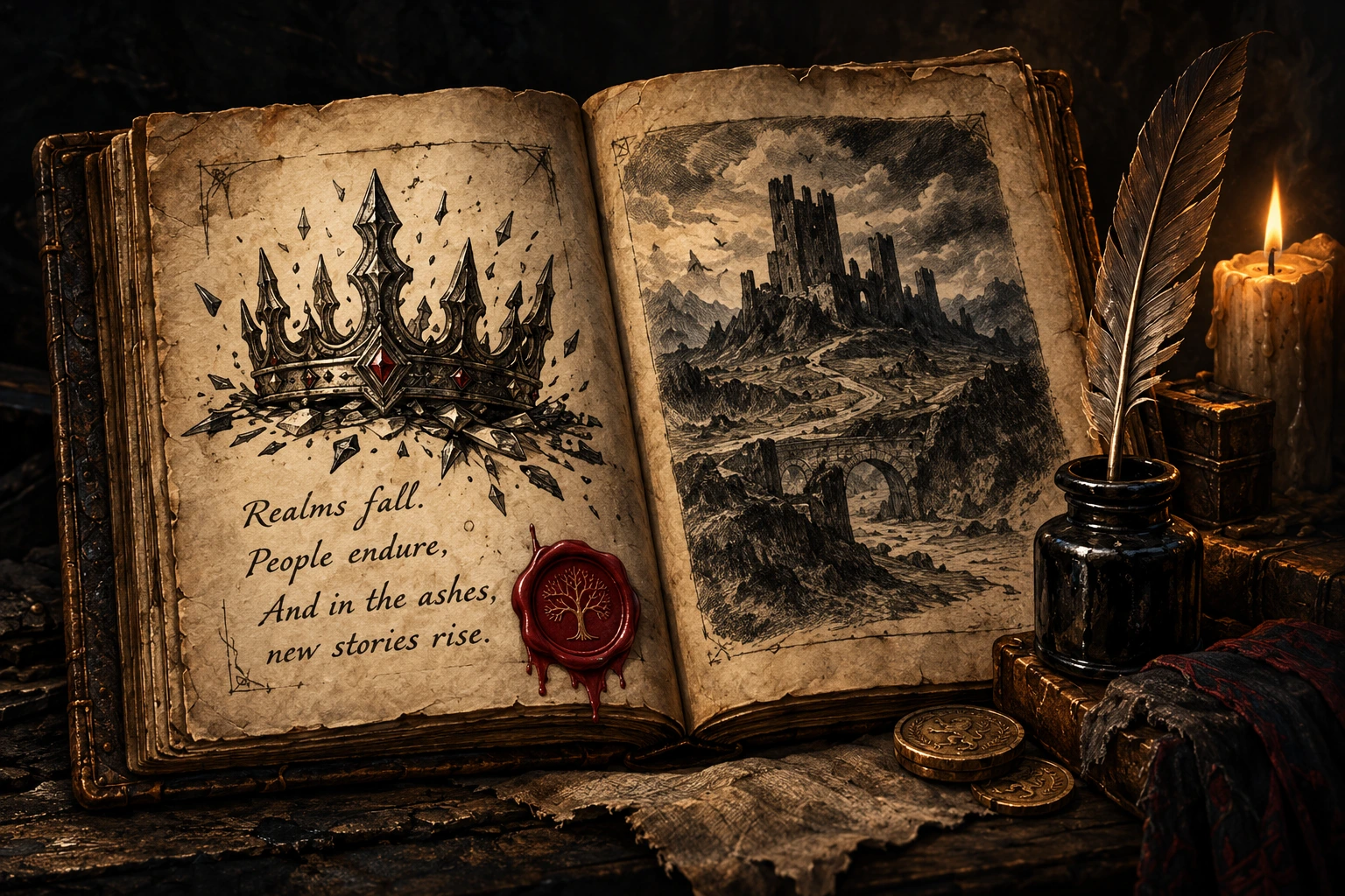 An illustrated chronicle lies open beside a candle. Its pages read: Realms fall. People endure. And in the ashes, new stories rise.