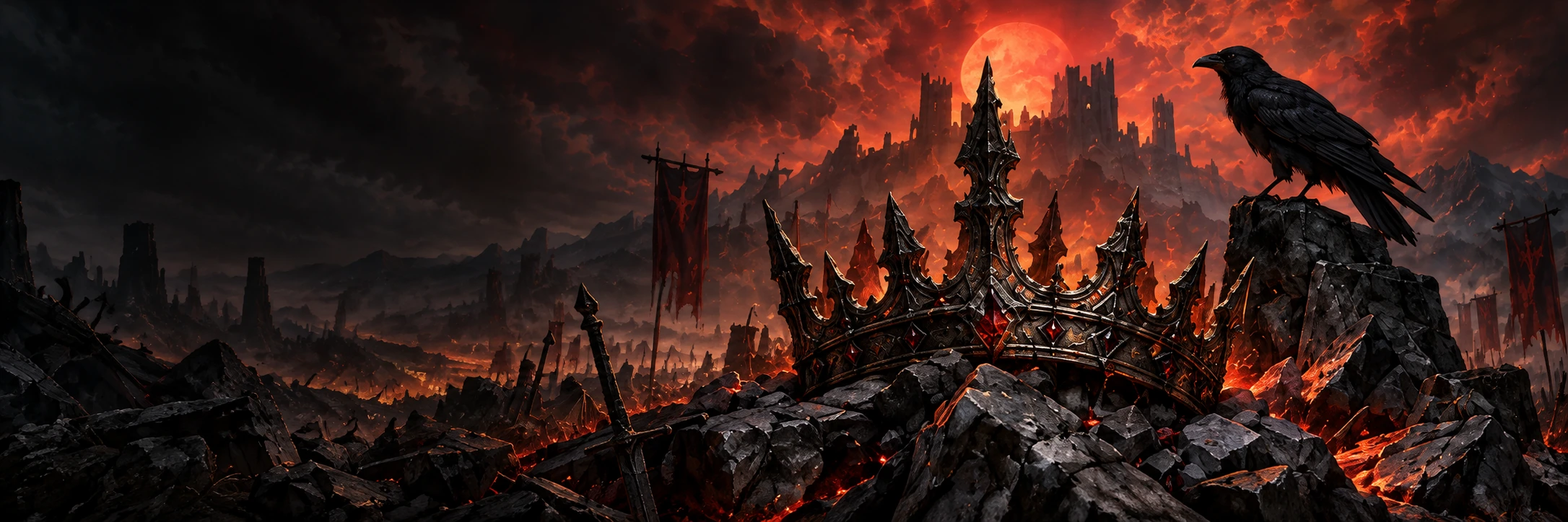 A raven stands over the shattered Ash-Crown beneath an ember-red sky.