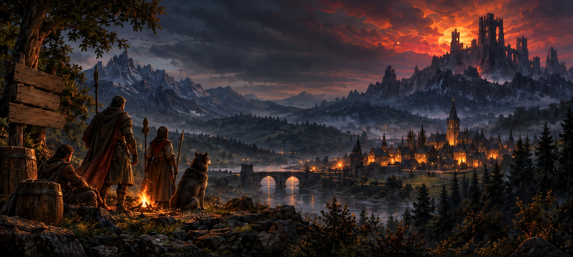 Adventurers and their dog overlook Thornhaven, its torchlit bridge and the mountains beyond.