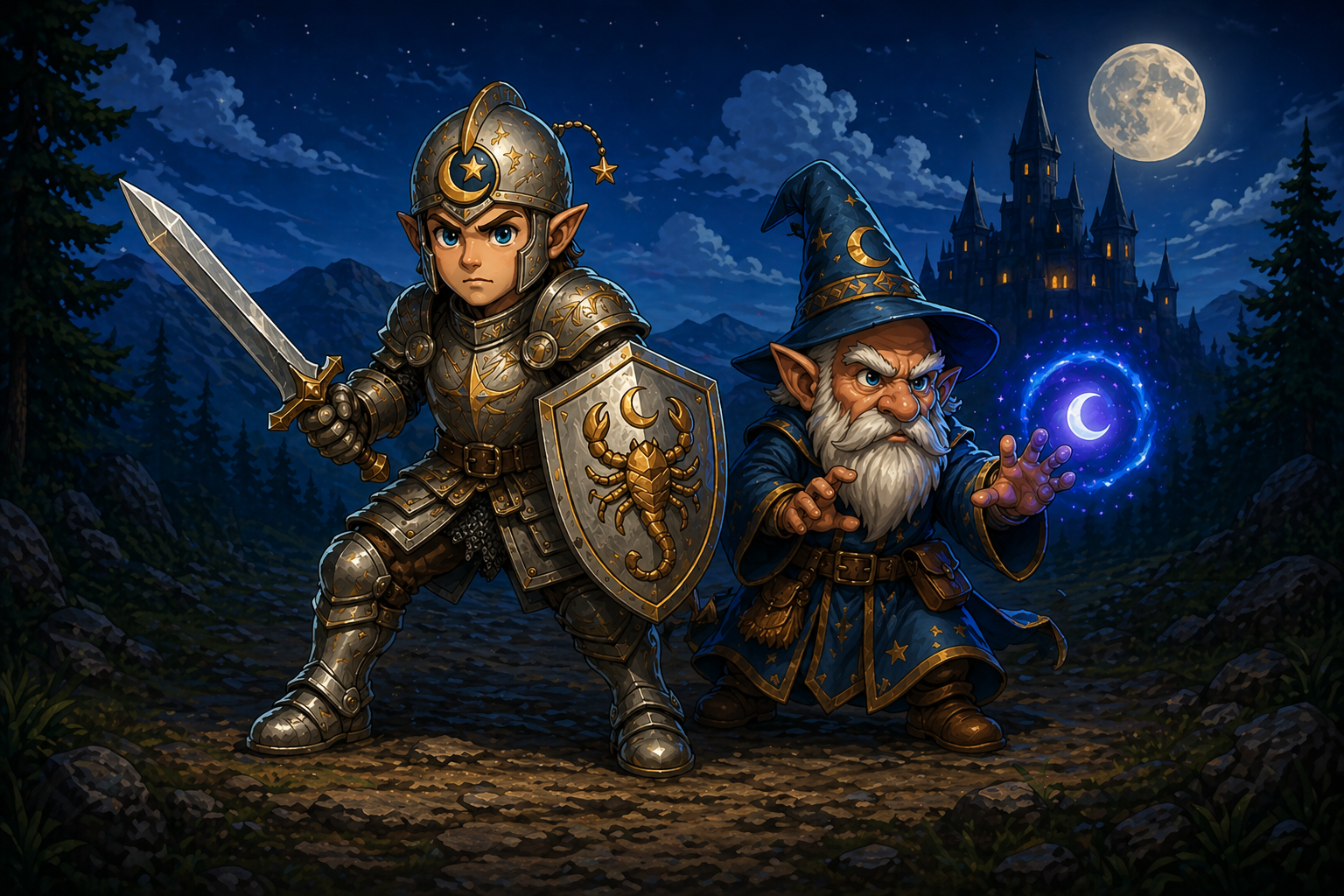 Illustration: a warrior and wizard on a moonlit path toward a castle under the stars.