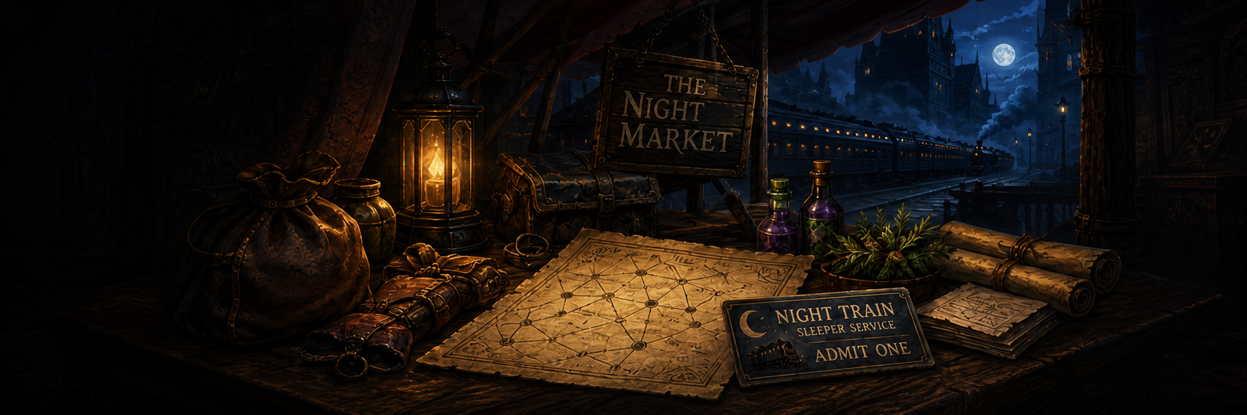 The Night Market with a lantern, adventurer supplies, maps, potions, and the moonlit Night Train