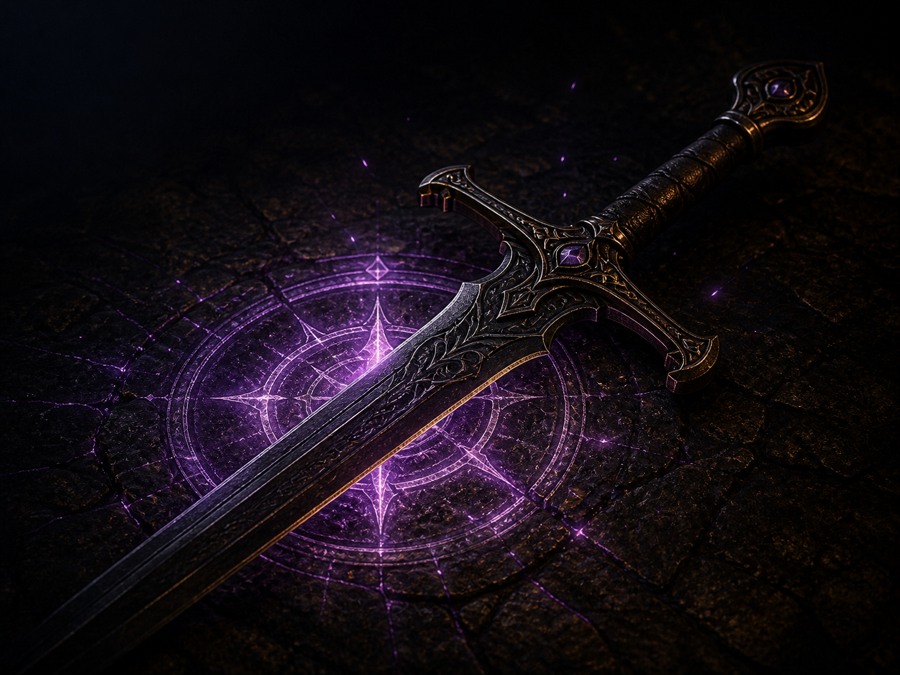 Enchanted sword surrounded by violet magic